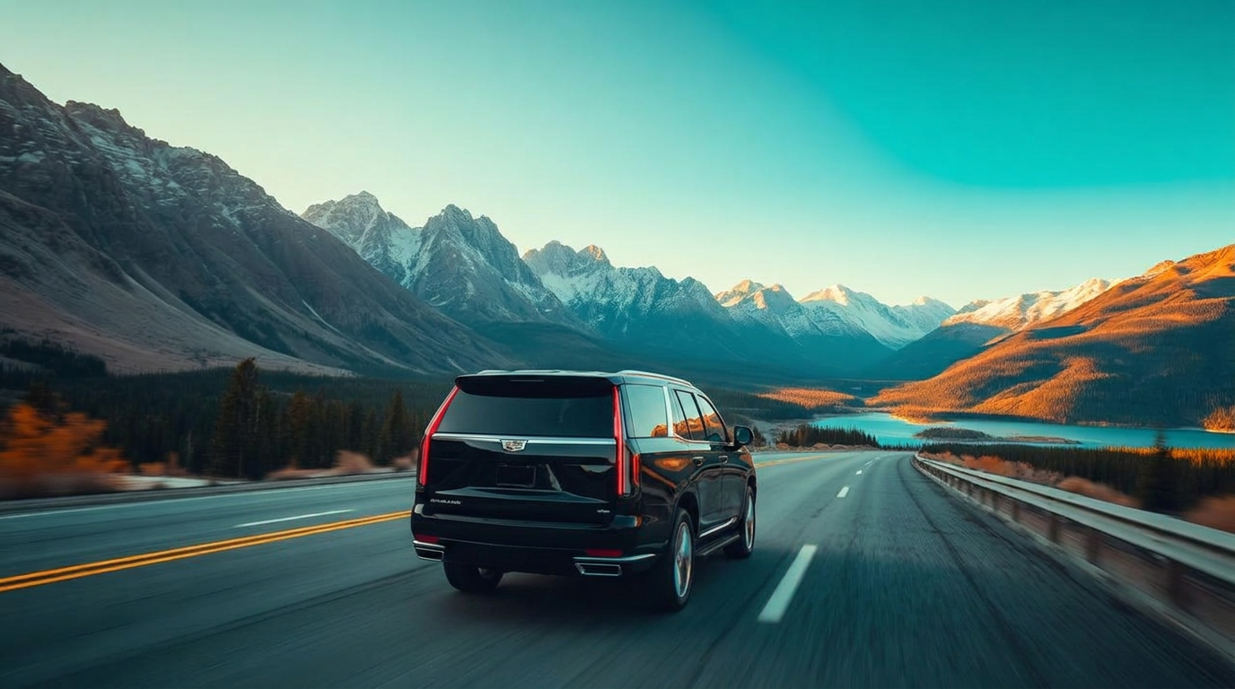 Black luxury SUV driving toward Banff through the Canadian Rockies