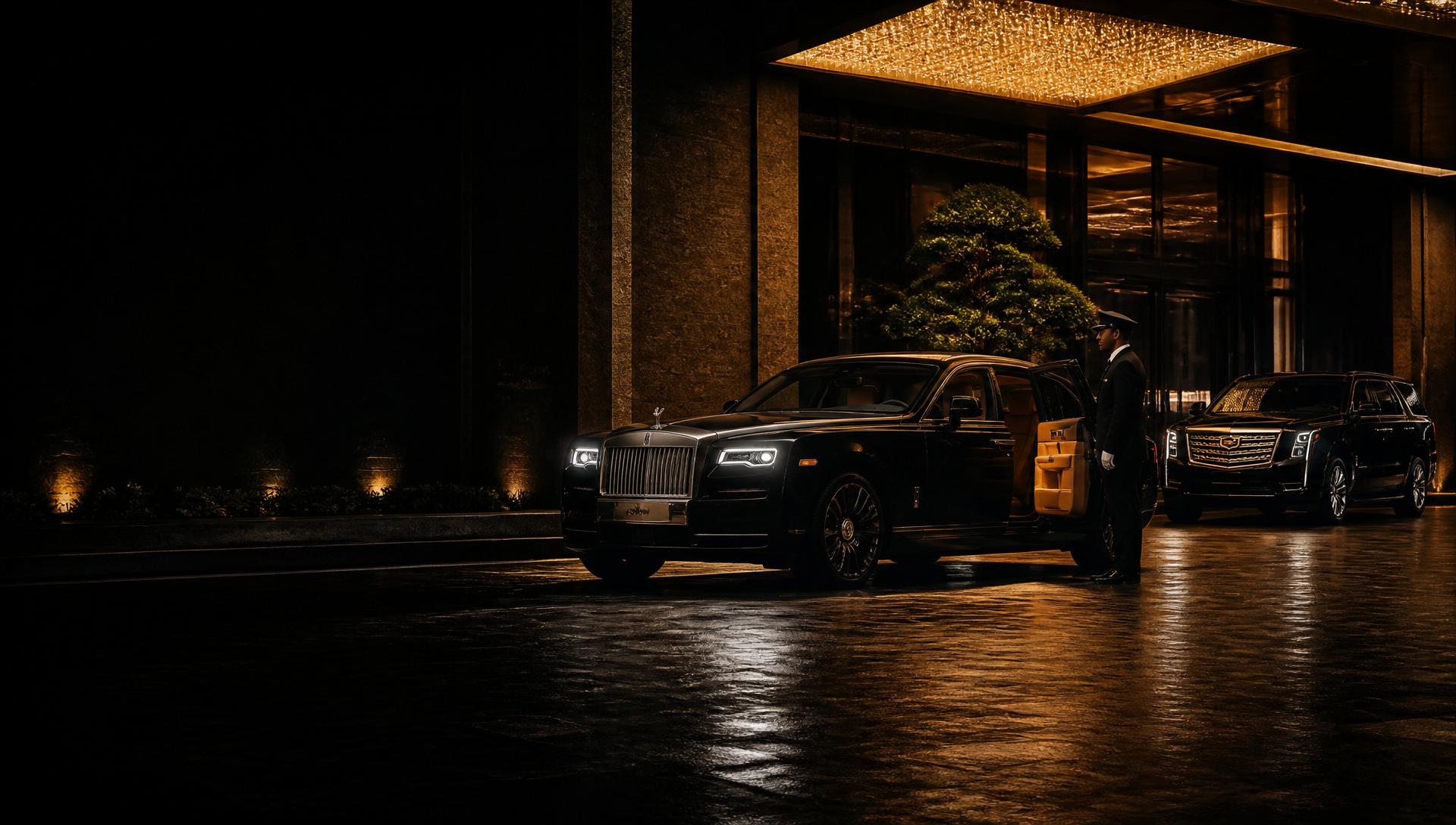 Black Cadillac Escalade luxury chauffeur SUV in front of an upscale Calgary hotel at night